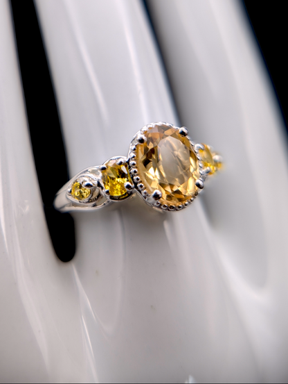 Vintage D'Joy Earth Mined Brazilian Genuine Citrine and Yellow Simulated Diamond Designer Cut Citrine Sterling Silver Ring