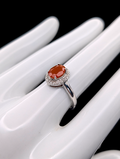 Vintage Solitaire Oval Rich Genuine Carnelian and Genuine Diamond Halo Sterling Silver Ring