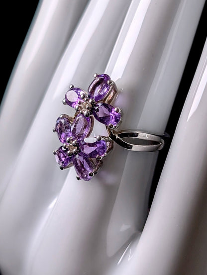 Vintage Double Flower Genuine Amethyst and White Zircon Center Sterling Silver Ring
