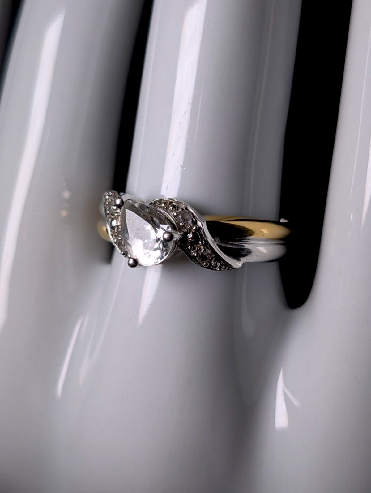 Vintage Pear Cut Genuine White Topaz Solitaire Sterling Silver and 8k Gold Ring