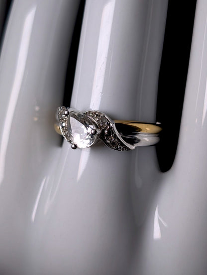 Vintage Pear Cut Genuine White Topaz Solitaire Sterling Silver and 8k Gold Ring