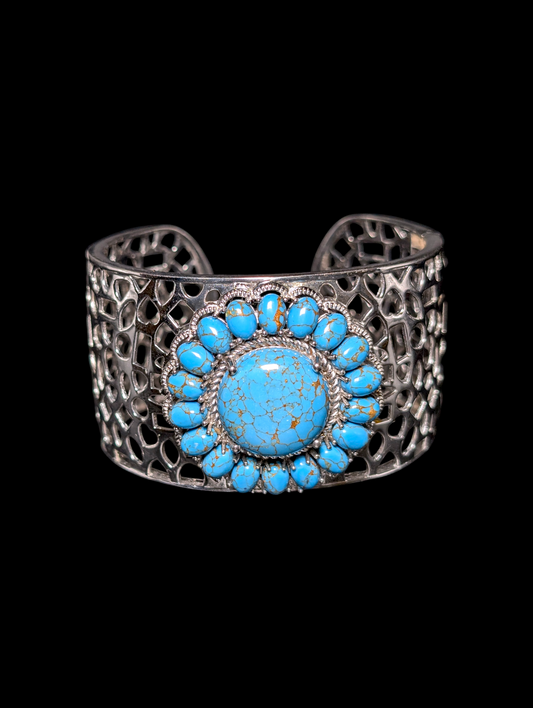Vintage Karis Southwestern Style Verified Turquoise Hinge Platinum Plated Cuff Bracelet