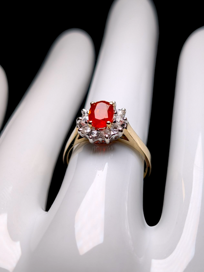 Vintage 14K Gold Genuine Cherry Fire Opal Solitaire and White Topaz Halo Ring