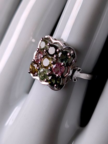Vintage 3 Row Multi-Colored Genuine Tourmaline Round Cut Sterling Silver Ring