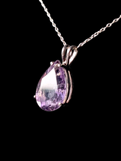 Vintage Large Pear Cut Genuine Purple Amethyst Sterling Silver Pendant