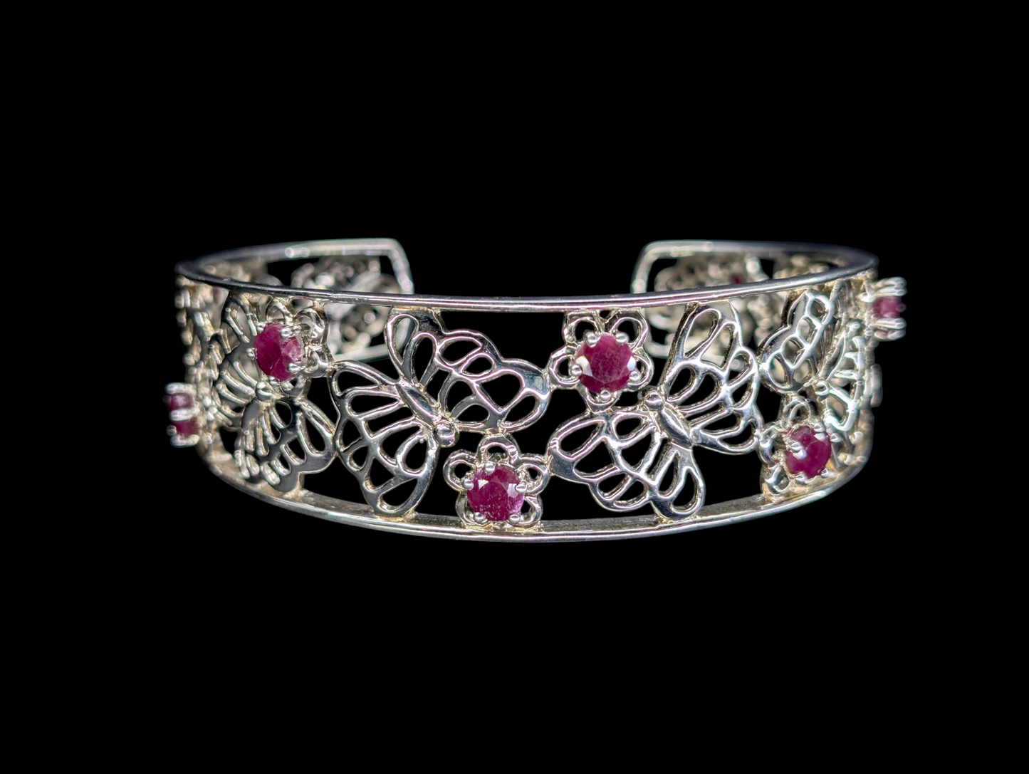 Vintage Genuine Ruby Gemstone Sterling Silver Butterfly Filigree Cuff Bracelet
