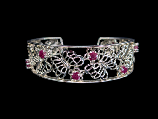 Vintage Genuine Ruby Gemstone Sterling Silver Butterfly Filigree Cuff Bracelet