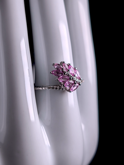 Vintage Fern Leaf Genuine Pink Sapphire Cluster in Sterling Silver Ring
