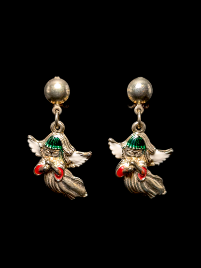 Vintage Red and Green Enamel Gold Toned Christmas Angel Earrings