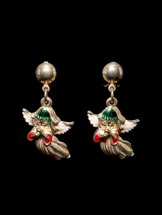 Vintage Red and Green Enamel Gold Toned Christmas Angel Earrings