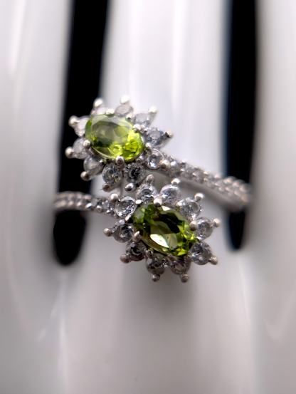 Vintage Starburst Double Genuine Peridot and White Topaz Halo Sterling Silver Ring