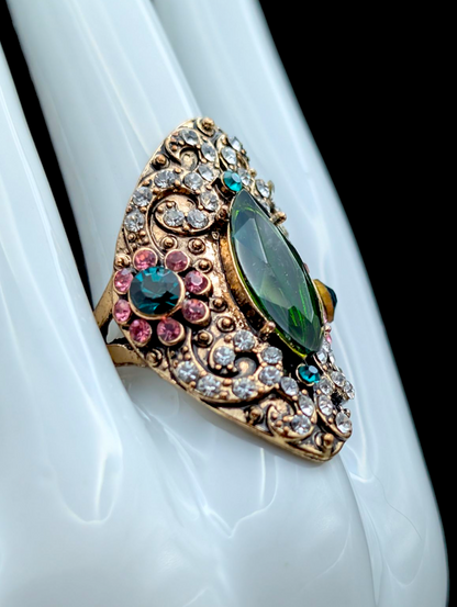 Vintage Turkish Ottoman Style Large Simulated Emerald and Multi Rhinestone Antique Gold Toned Statement Ring (Copy)