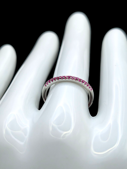 Vintage Inspired Genuine Ruby Dainty Half Eternity Silver Toned Stacking Ring Band