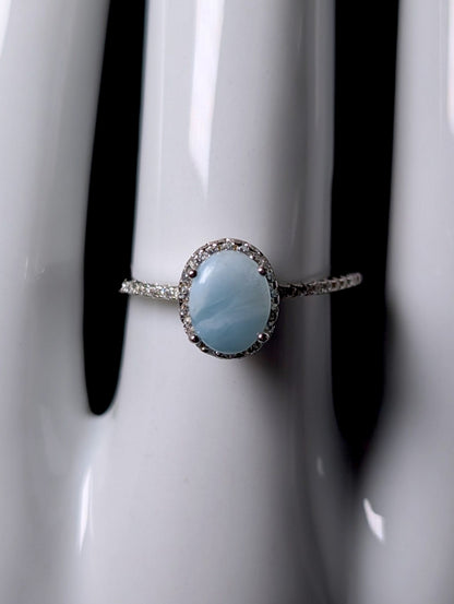 Vintage Genuine Larimar Solitaire with Halo Sterling Silver Ring