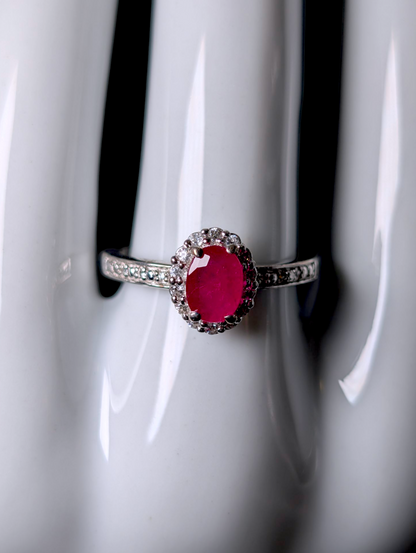 Vintage Earth Mined Oval Cut Genuine Ruby Solitaire with White Topaz Halo Sterling Silver Ring