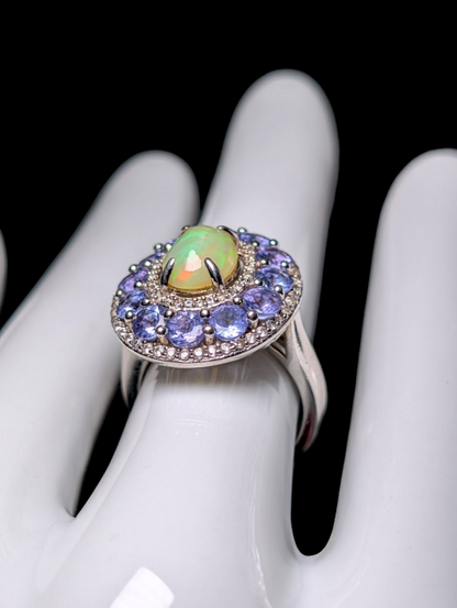 Vintage Designer Carol Brodie Genuine Ethiopian Fire Opal Solitaire With Double Tanzanite and White Zircon Halo Sterling Silver Ring
