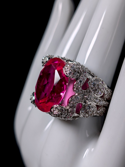 Vintage Georgian Inspired Large Genuine Pink Sapphire and Simulated Diamond Statement Cocktail Sterling Silver Ring