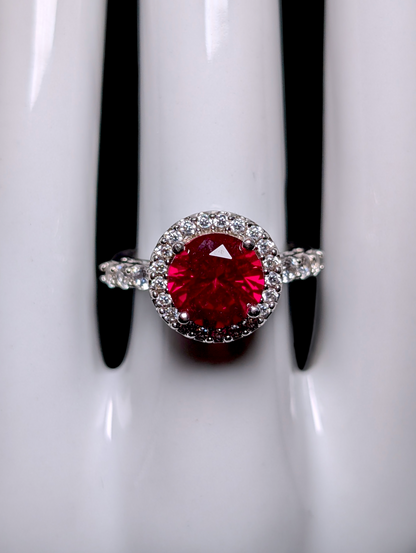 Vintage Princess Cut Genuine Ruby Solitaire and Simulated Diamond Halo Sterling Silver Ring