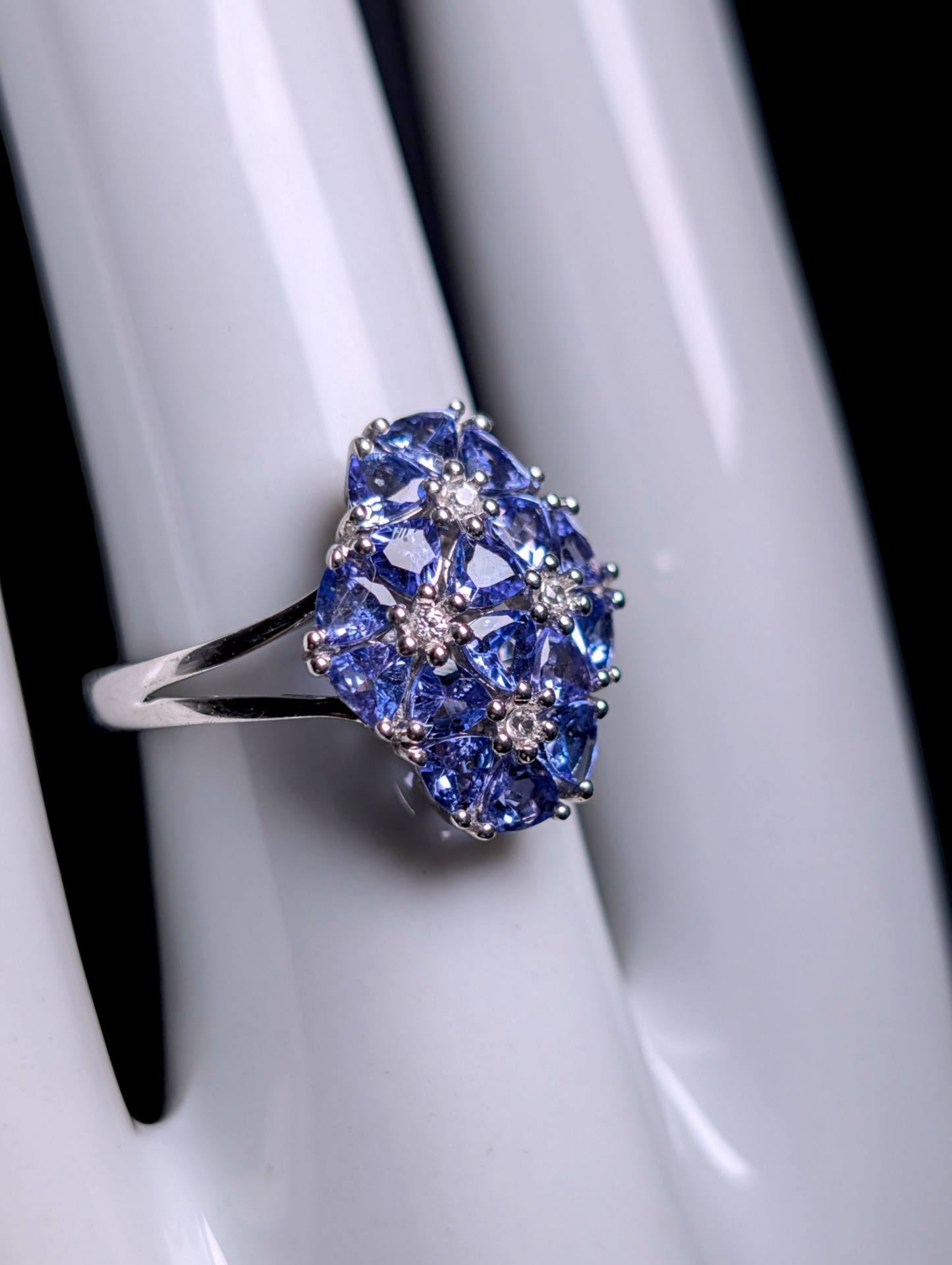 Vintage Flower Cluster Genuine Tanzanite and White Zircon Sterling Silver Ring