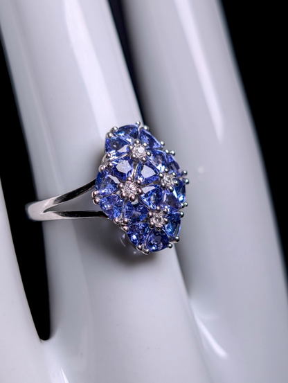 Vintage Flower Cluster Genuine Tanzanite and White Zircon Sterling Silver Ring