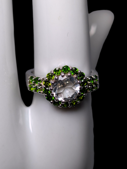Vintage Round Brilliant Cut Earth Mined Genuine Rock Crystal Quartz Solitaire with Chrome Diopside Halo Sterling Silver Ring