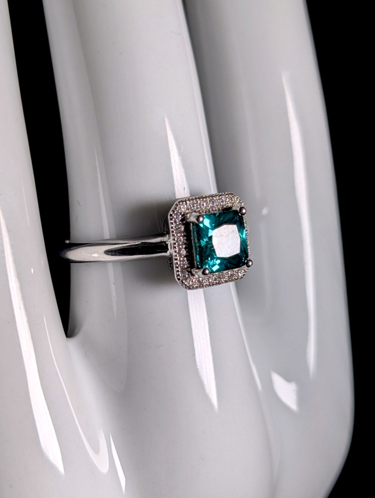 Vintage Inspired Princess Cut Simulated Topaz Solitaire and Diamond Halo Sterling Silver Ring
