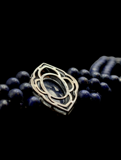 Vintage Genuine Lapis Lazuli Egyptian Inspired Sterling Silver Multi Strand Bracelet
