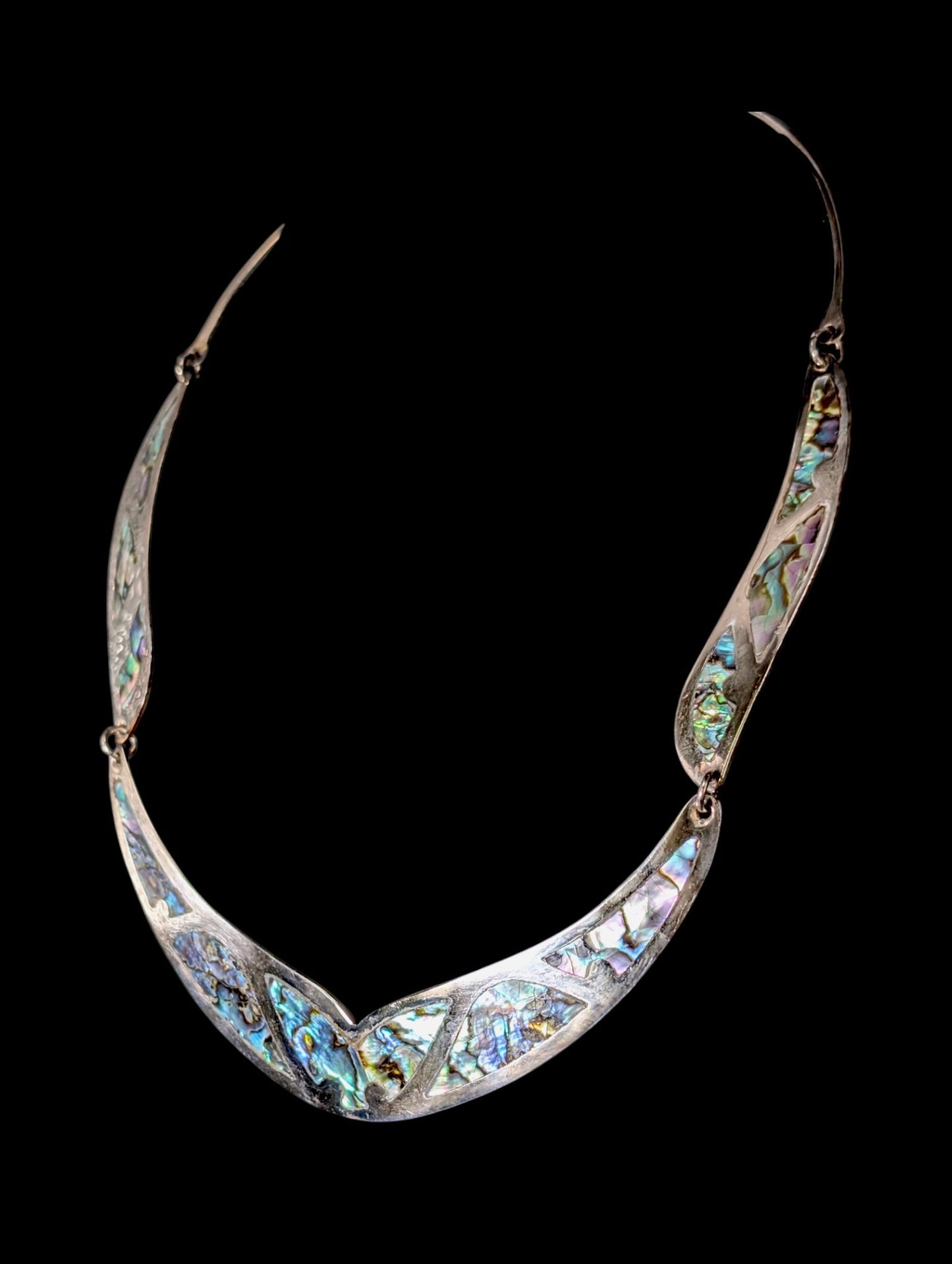 Vintage Mexican Silver Abalone Inlay 3 Piece Necklace, Bracelet, Earrings Set