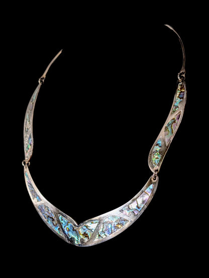 Vintage Mexican Silver Abalone Inlay 3 Piece Necklace, Bracelet, Earrings Set