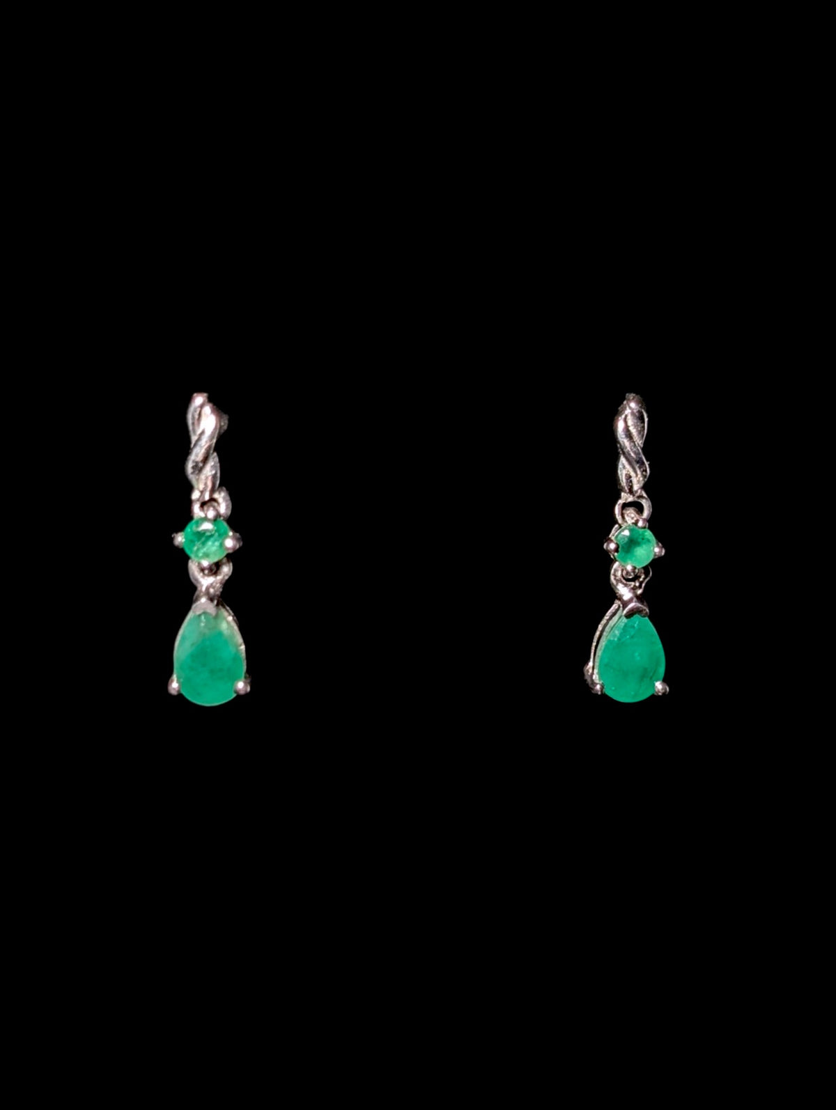 Vintage Dainty Pear Cut Genuine Green Emerald Sterling Dangle Earrings