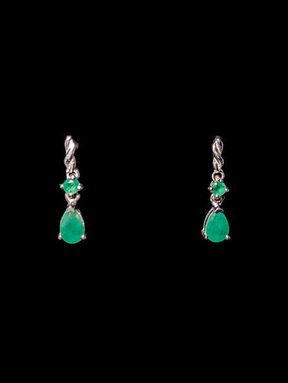 Vintage Dainty Pear Cut Genuine Green Emerald Sterling Dangle Earrings