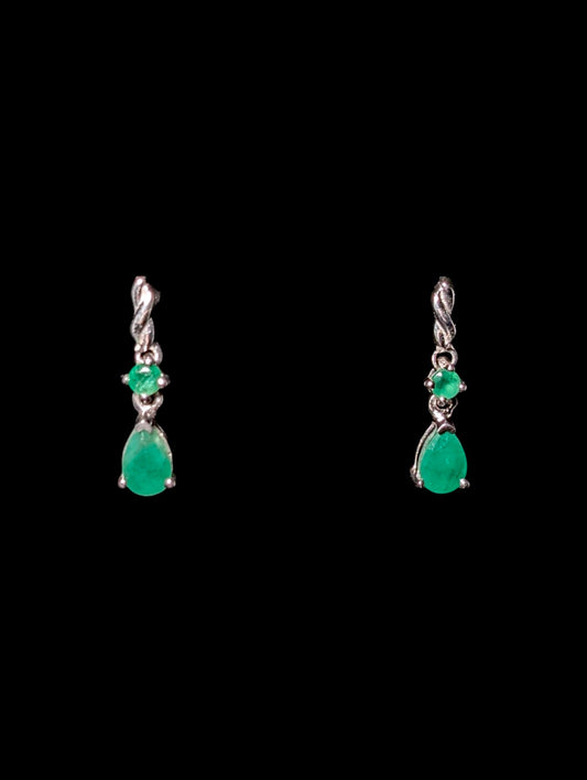 Vintage Dainty Pear Cut Genuine Green Emerald Sterling Dangle Earrings