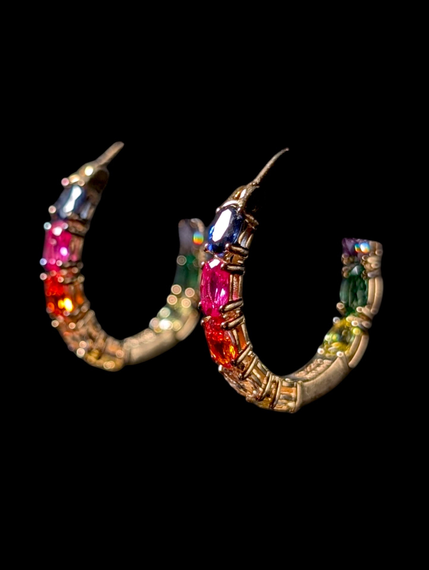 Vintage Mixed Rainbow Genuine Gemstone 14k Yellow Gold Vermeil Inside Out Hoop Earrings