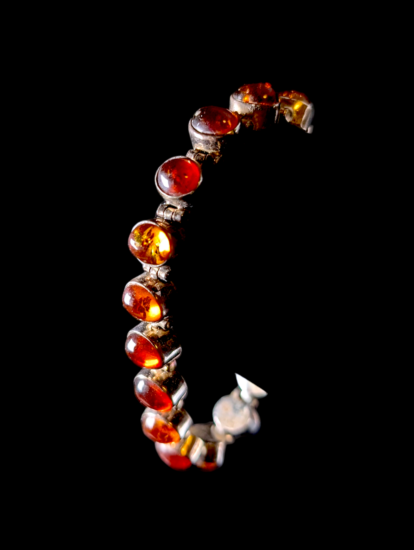 Vintage Oval Cut Cabochon Bezel Set Genuine Baltic Honey Amber Sterling Silver Tennis Bracelet