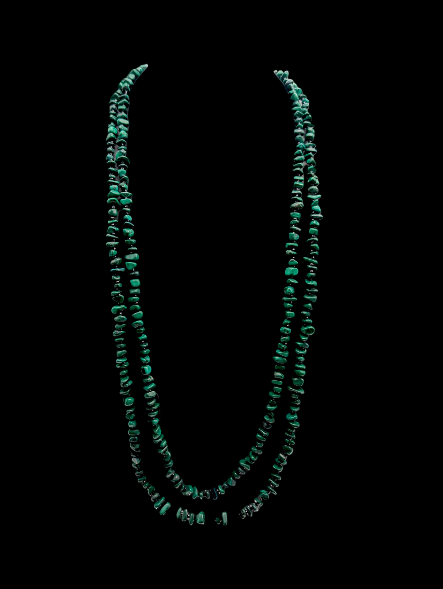 Vintage Genuine Malachite and Black Onyx Gemstone Extra Long Sterling Silver Necklace