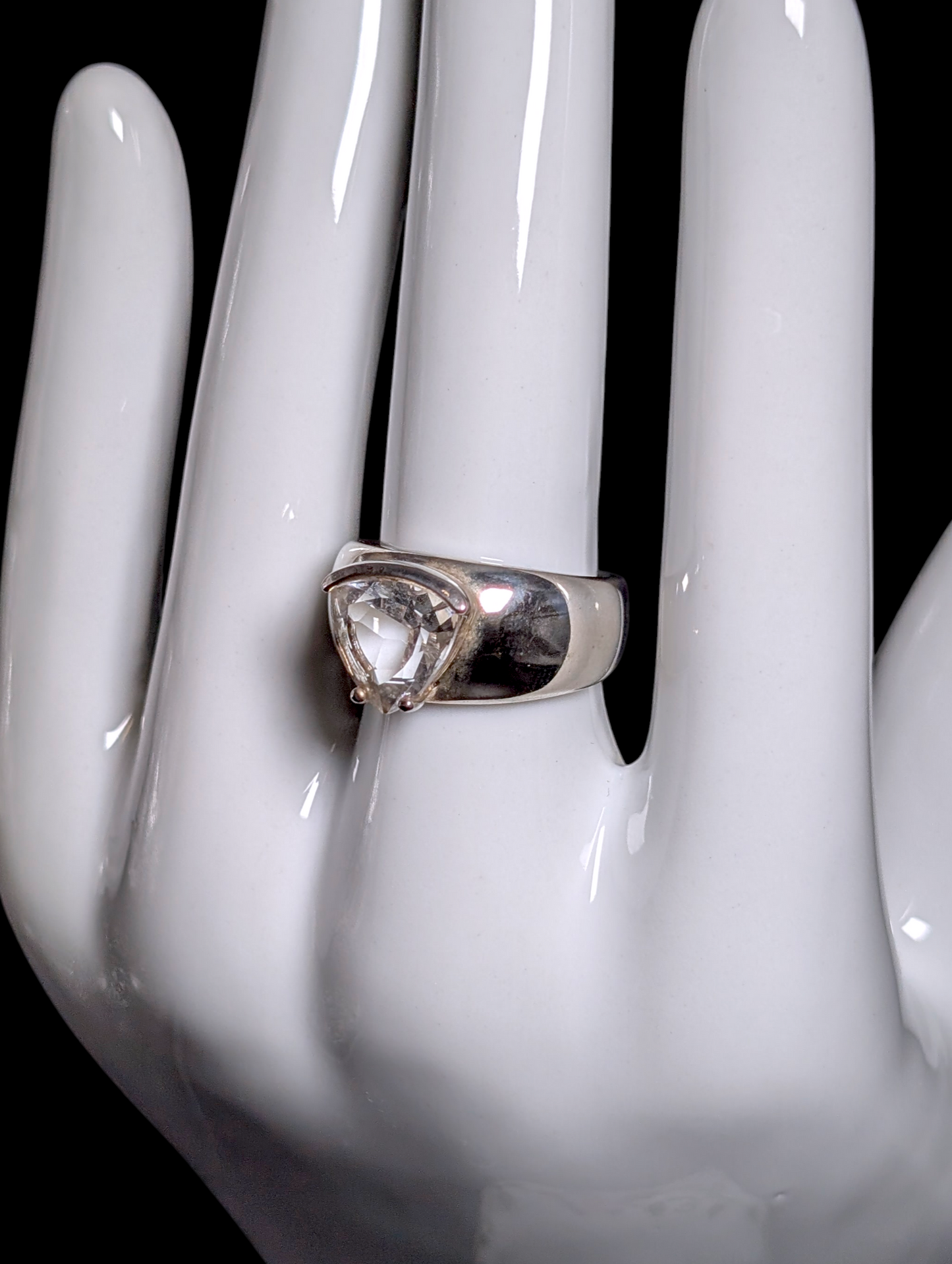 Vintage Trillion Cut Solitaire Genuine White Topaz Sterling Silver Wide Band Ring