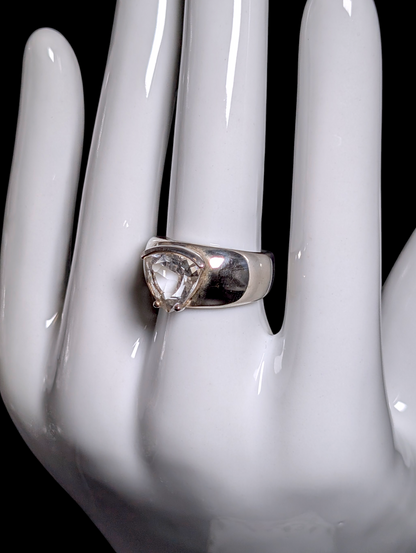 Vintage Trillion Cut Solitaire Genuine White Topaz Sterling Silver Wide Band Ring