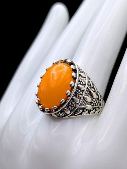 Vintage Unique Simulated Amber Daisy Filigree Silver Toned Cocktail Turkish Statement Ring