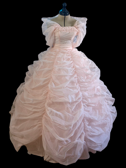 1950s Pink Iconic Sleeveless Prom Ballgown with Detachable Shawl and Rouched Details