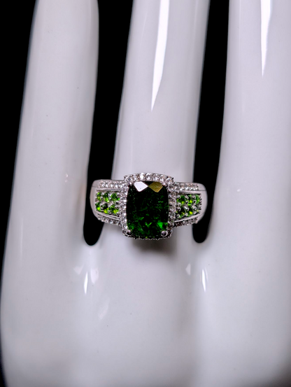 Vintage Radiant Cut Solitaire Emerald Green Genuine Chrome Diopside and White Zircon Halo Sterling Silver Ring