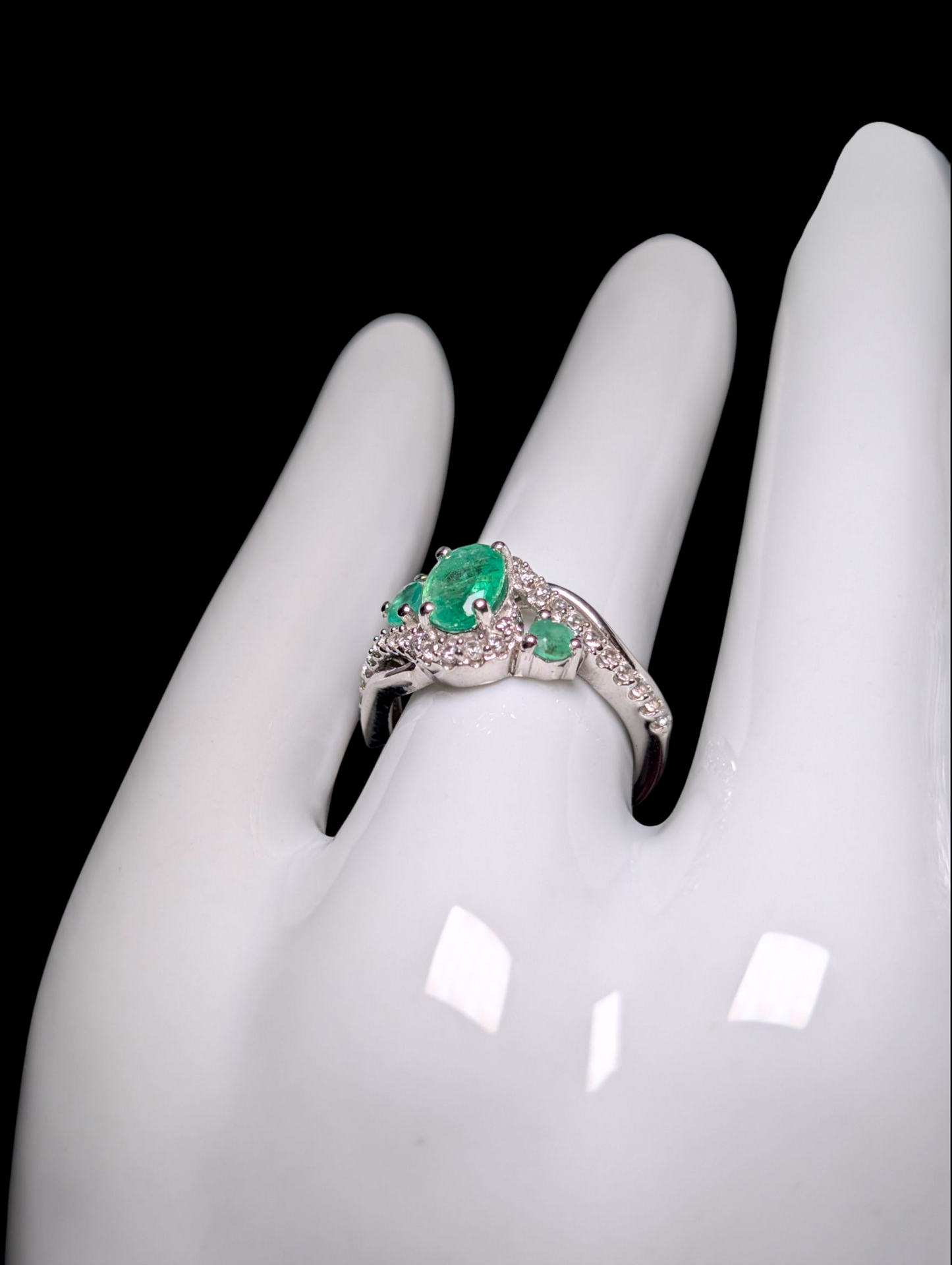 Vintage Earth Mined Genuine Emerald and White Topaz Sterling Silver Bypass Ring