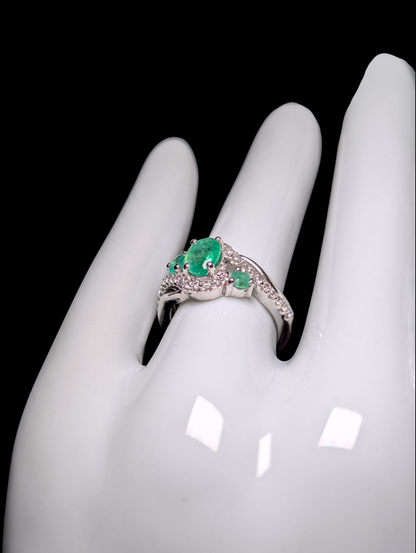 Vintage Earth Mined Genuine Emerald and White Topaz Sterling Silver Bypass Ring