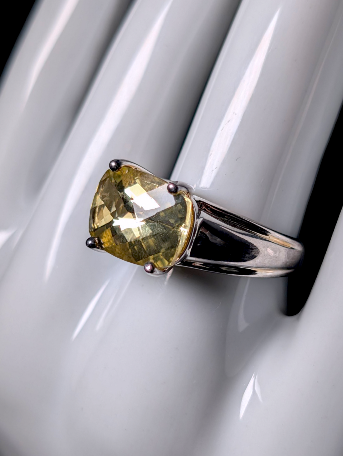 Vintage 8+ Carat East West Checkerboard Cushion Cut Genuine Pale Yellow Citrine Solitaire Sterling Silver Statement Ring