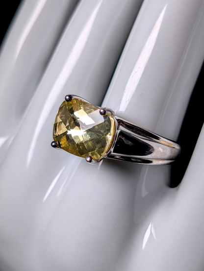Vintage 8+ Carat East West Checkerboard Cushion Cut Genuine Pale Yellow Citrine Solitaire Sterling Silver Statement Ring
