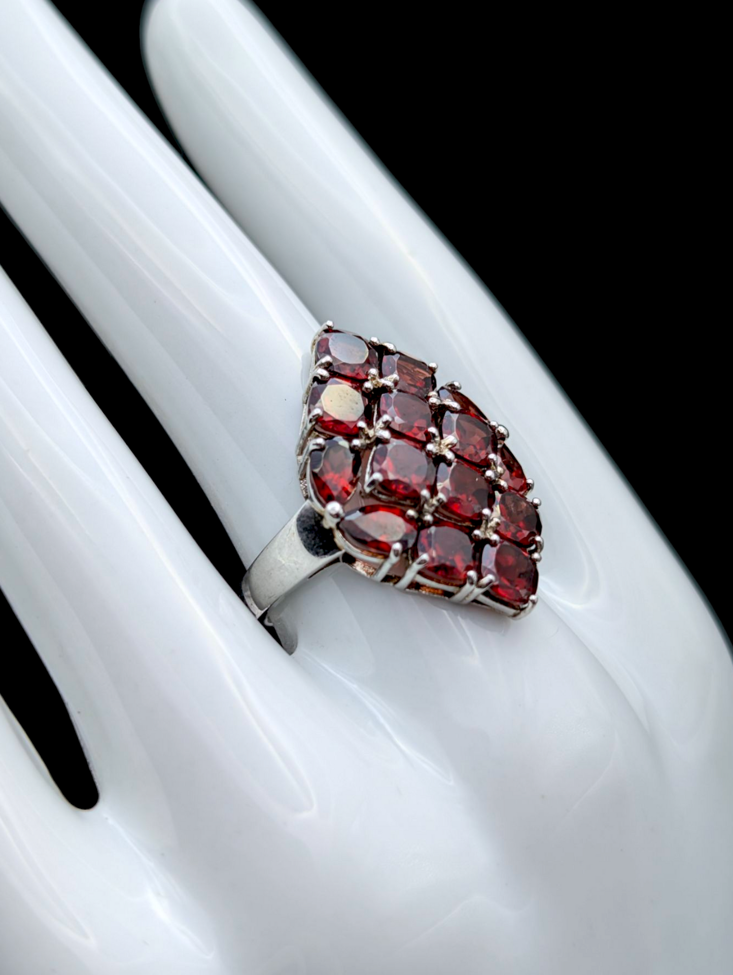 Vintage 9+ Carat Genuine Mozambique Red Garnet Cluster Rhodium over Sterling Silver Ring