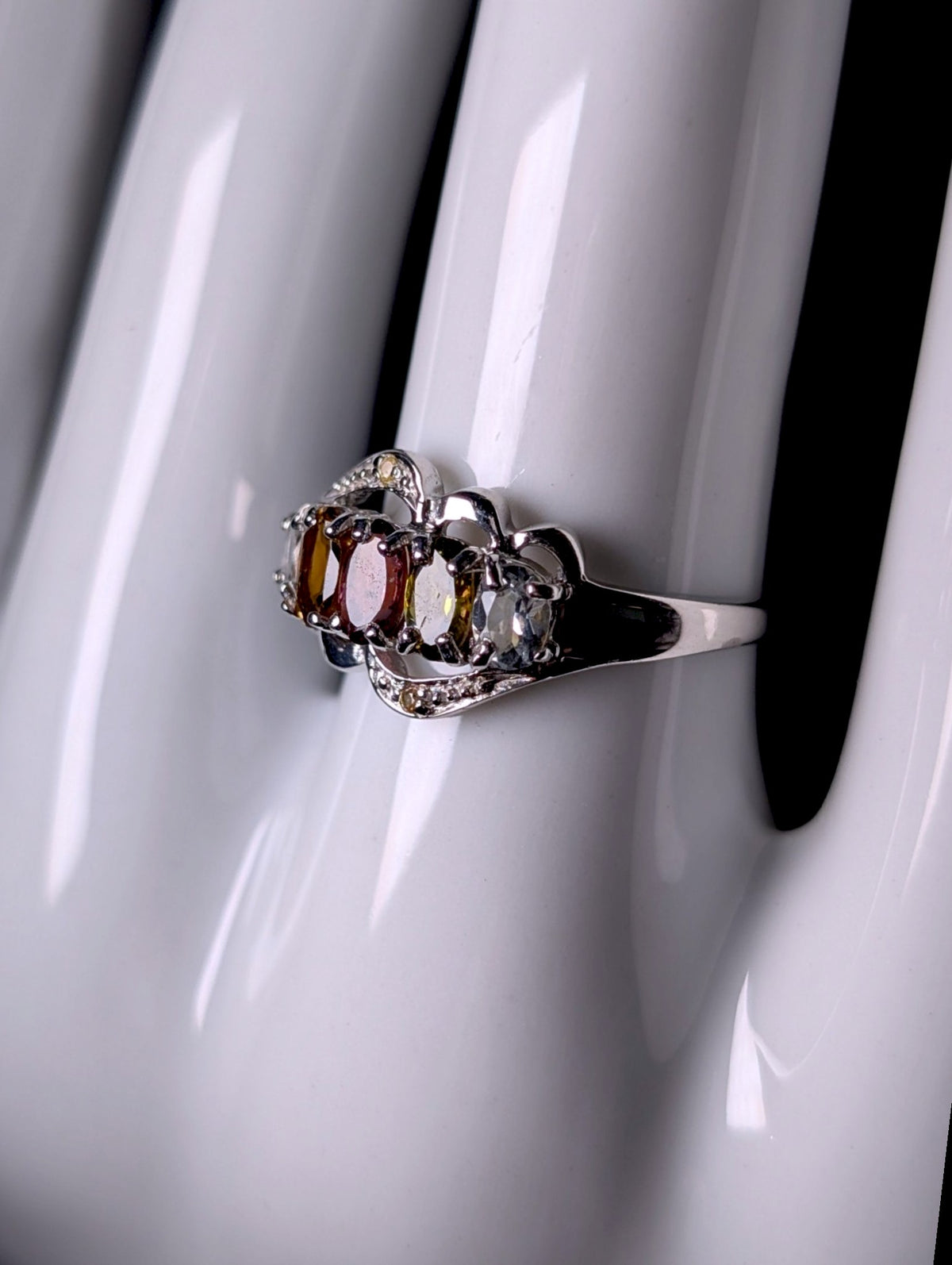 Vintage Genuine Gemstone Fruit Cocktail Sterling Silver Band Ring