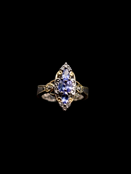 Vintage Inspired Cluster Genuine Tanzanite and White Topaz 14k Gold Vermeil Sterling Silver 925 Ring