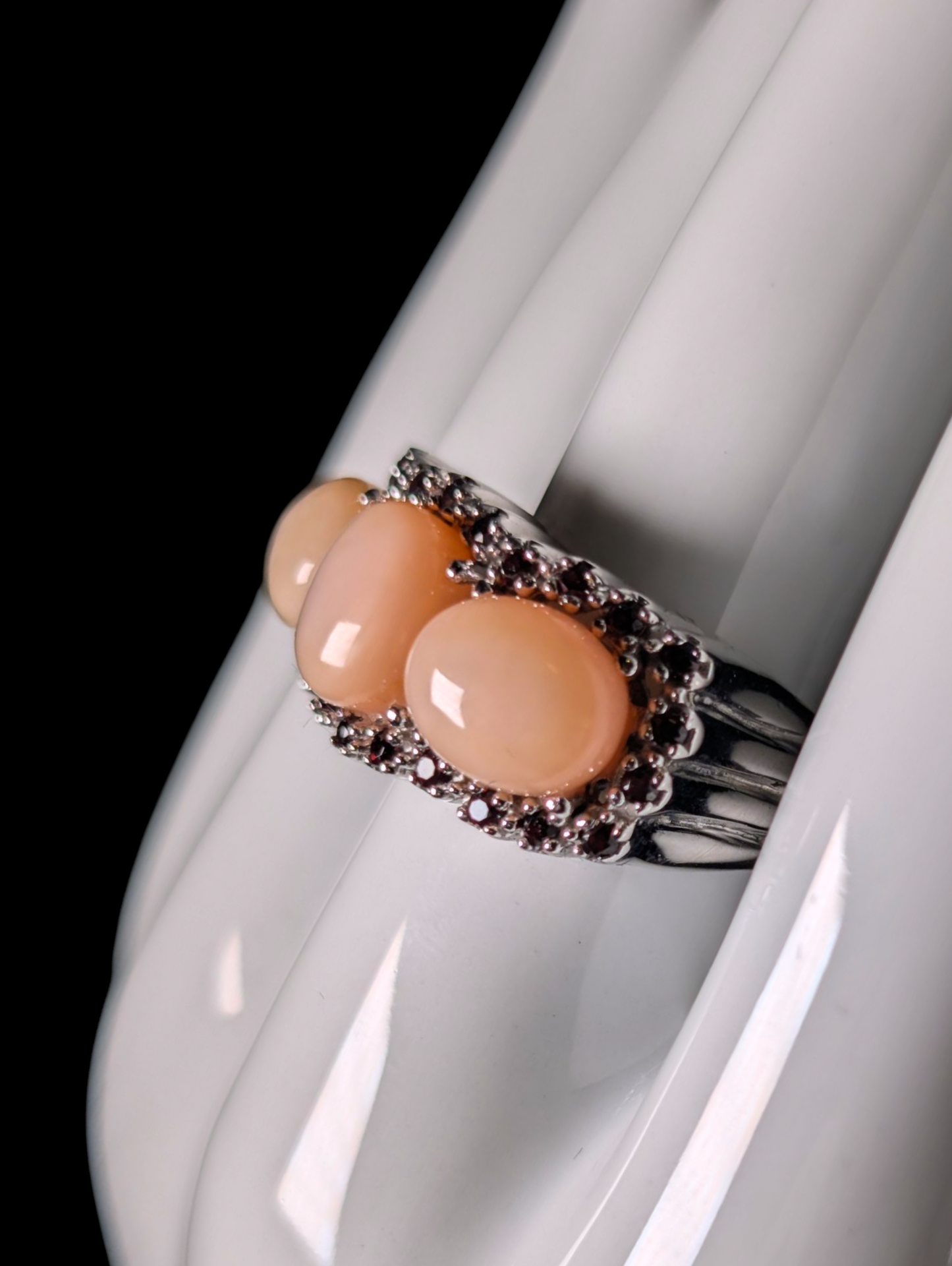 Vintage Genuine Pink Opal and Garnet Sterling Silver Statement Ring