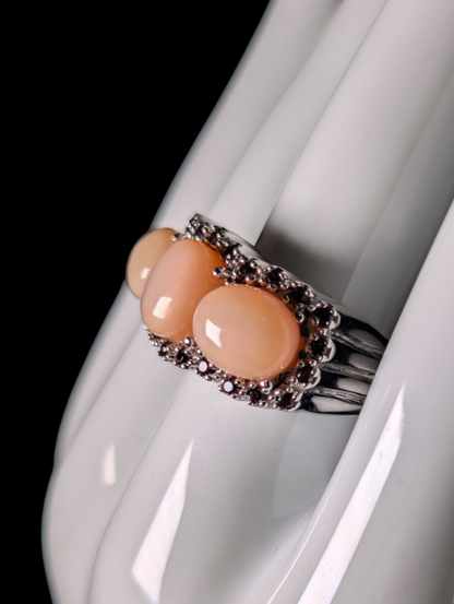 Vintage Genuine Pink Opal and Garnet Sterling Silver Statement Ring