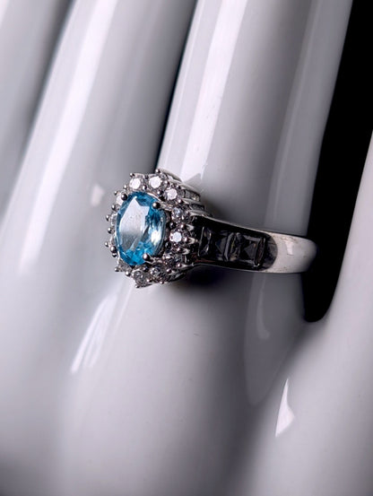 Vintage Genuine Swiss Blue Topaz Solitaire with White Topaz Starburst Halo Sterling Silver Ring